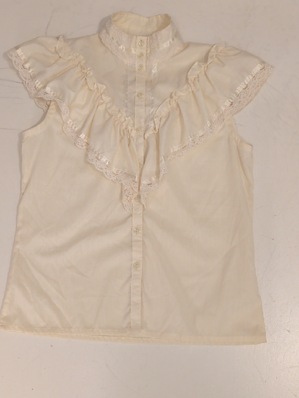 Gunne Sax Vintage Lace-Trim Ruffle High-Neck Shell Top - Cream Sleeveless - Picture 7 of 7